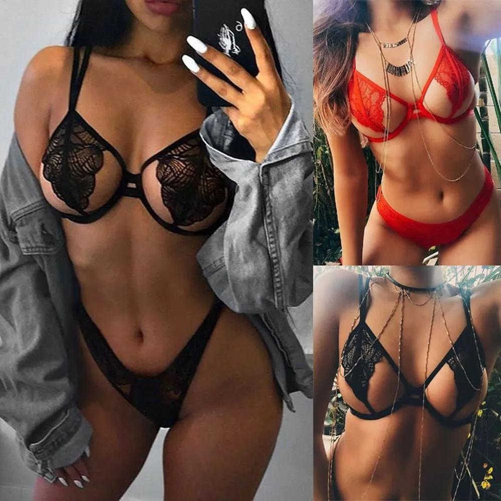 Women Sexy Solid Color Lace Hollow Bra Set