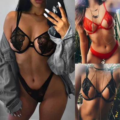 Women Sexy Solid Color Lace Hollow Bra Set