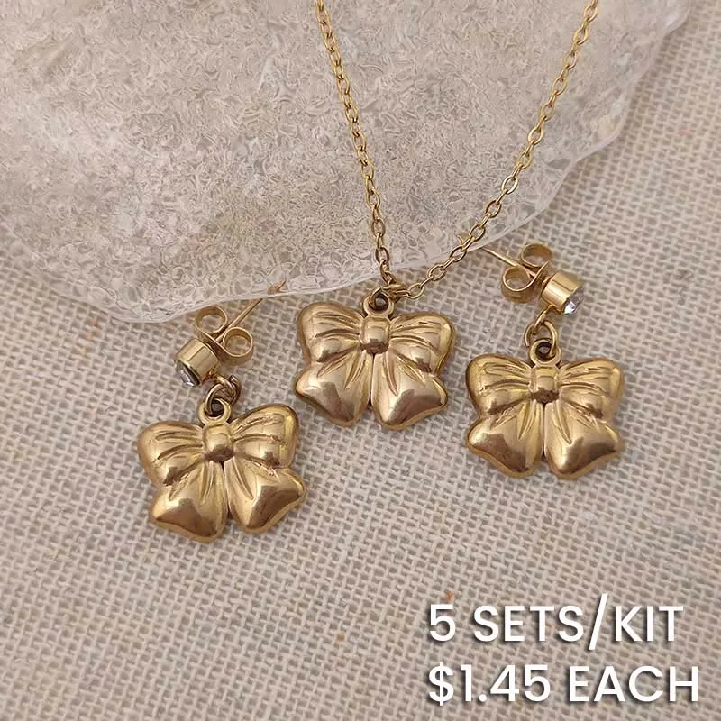 Fashion Women Cute Bow Knot Stainless Steel Pendant Necklace Earrings Set
