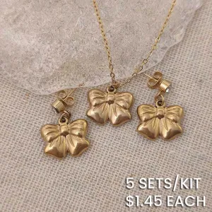 Fashion Women Cute Bow Knot Stainless Steel Pendant Necklace Earrings Set