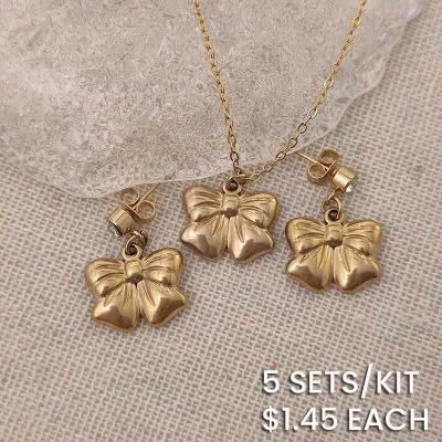 Fashion Women Cute Bow Knot Stainless Steel Pendant Necklace Earrings Set