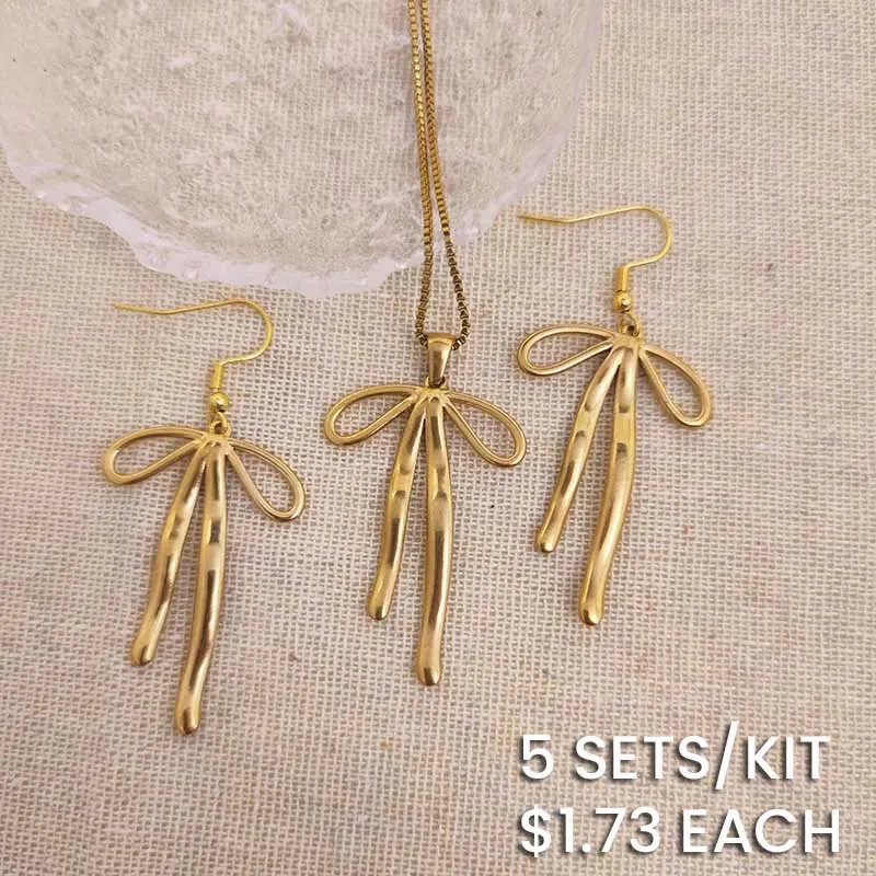Fashion Women Exaggerated Bow Knot Pendant Necklace Earrings Set Stainless Steel