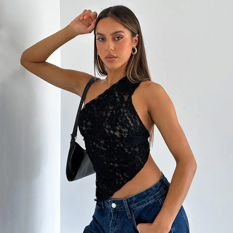 Women Sexy Oblique Shoulder Backless Lace-Up Crop Top