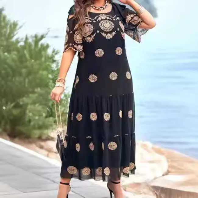 Women Summer Hollow Out Floral Printed Plus Size Dress