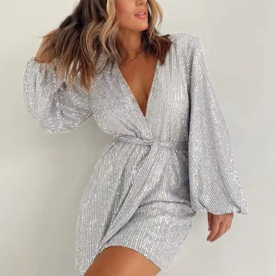 Women Sequin Lace-Up V-Neck Long Sleeve Rompers