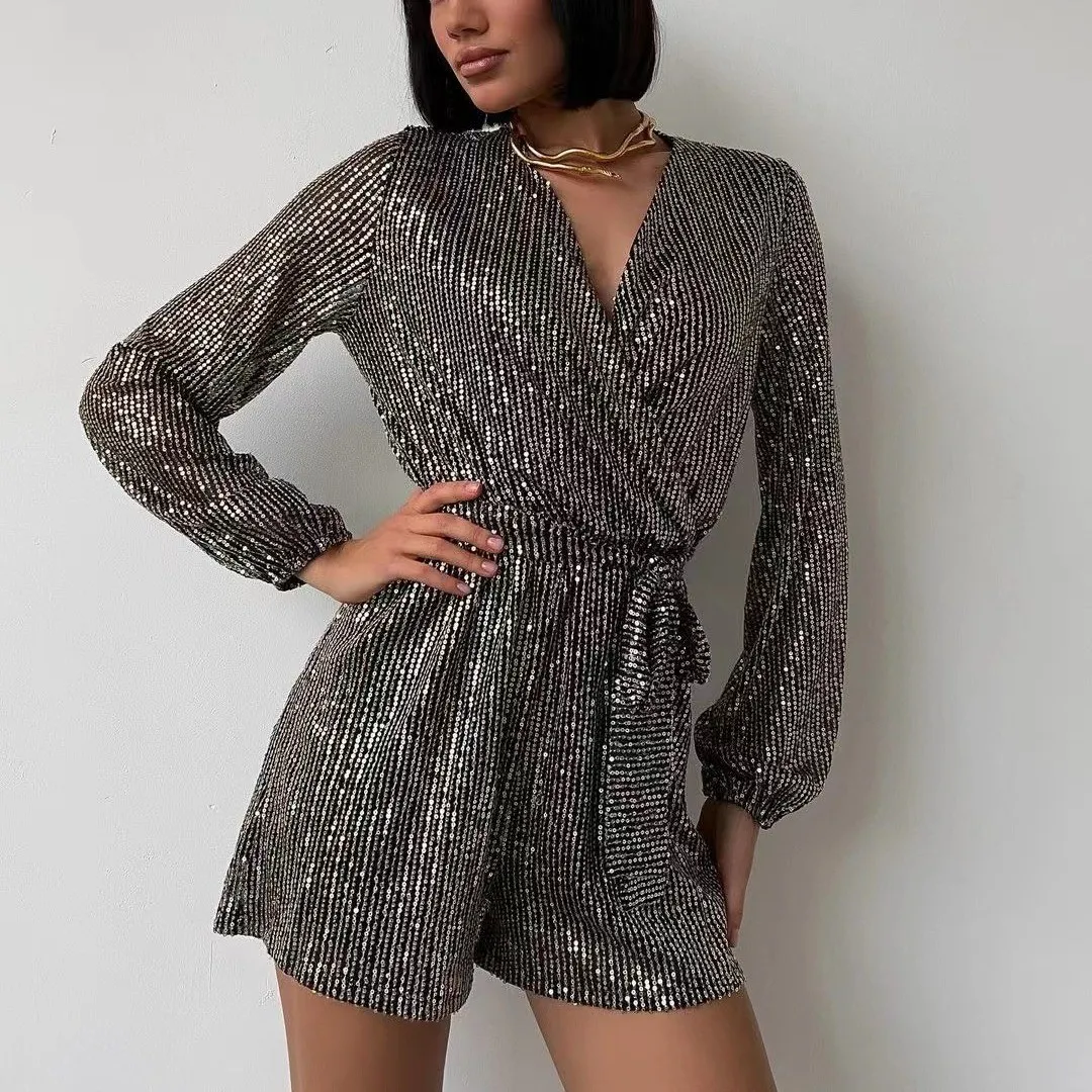 Women Sequin Lace-Up V-Neck Long Sleeve Rompers
