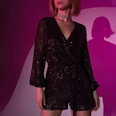 Women Sequin Lace-Up V-Neck Long Sleeve Rompers