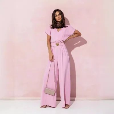 Women Elegant Solid Color Short Sleeve Wide Leg Jumpsuit
