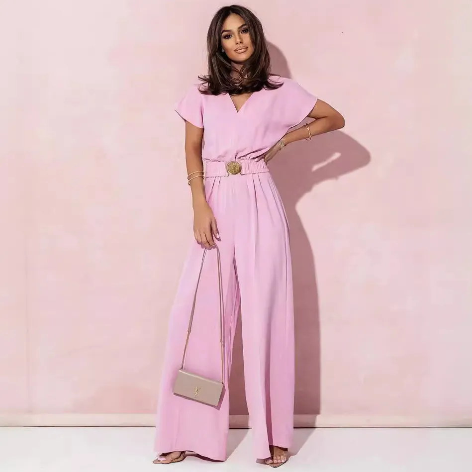Women Elegant Solid Color Short Sleeve Wide Leg Jumpsuit
