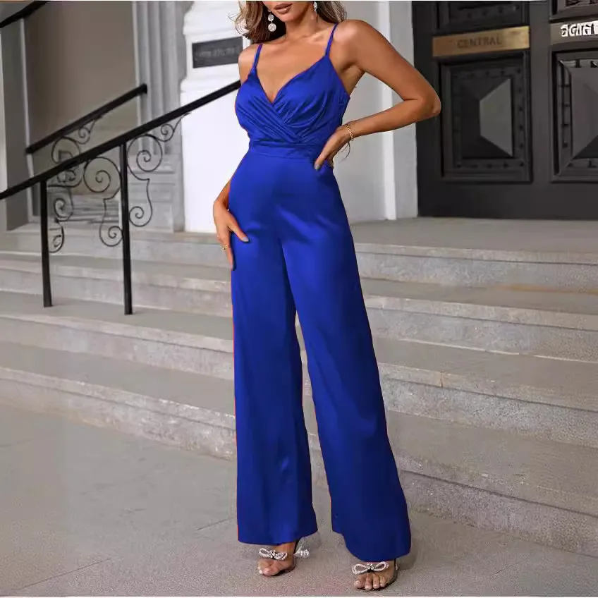 Women Elegant Solid Color Strap Wide Leg Jumpsuit