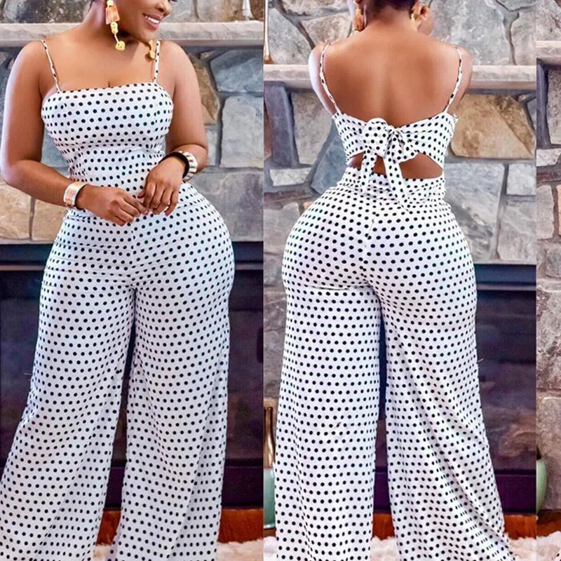Women's Casual Sling Jumpsuit with Poll Dot Print - Polyester Fabric
