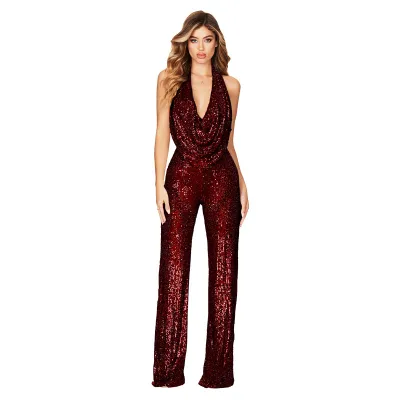 Women Sequin Backless Jumpsuit Sleeveless Long Polyester Spandex Commuter Style