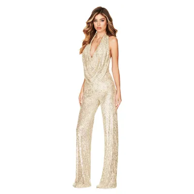 Women Sequin Backless Jumpsuit Sleeveless Long Polyester Spandex Commuter Style