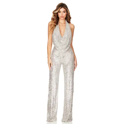 Women Sequin Backless Jumpsuit Sleeveless Long Polyester Spandex Commuter Style