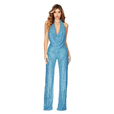 Women Sequin Backless Jumpsuit Sleeveless Long Polyester Spandex Commuter Style