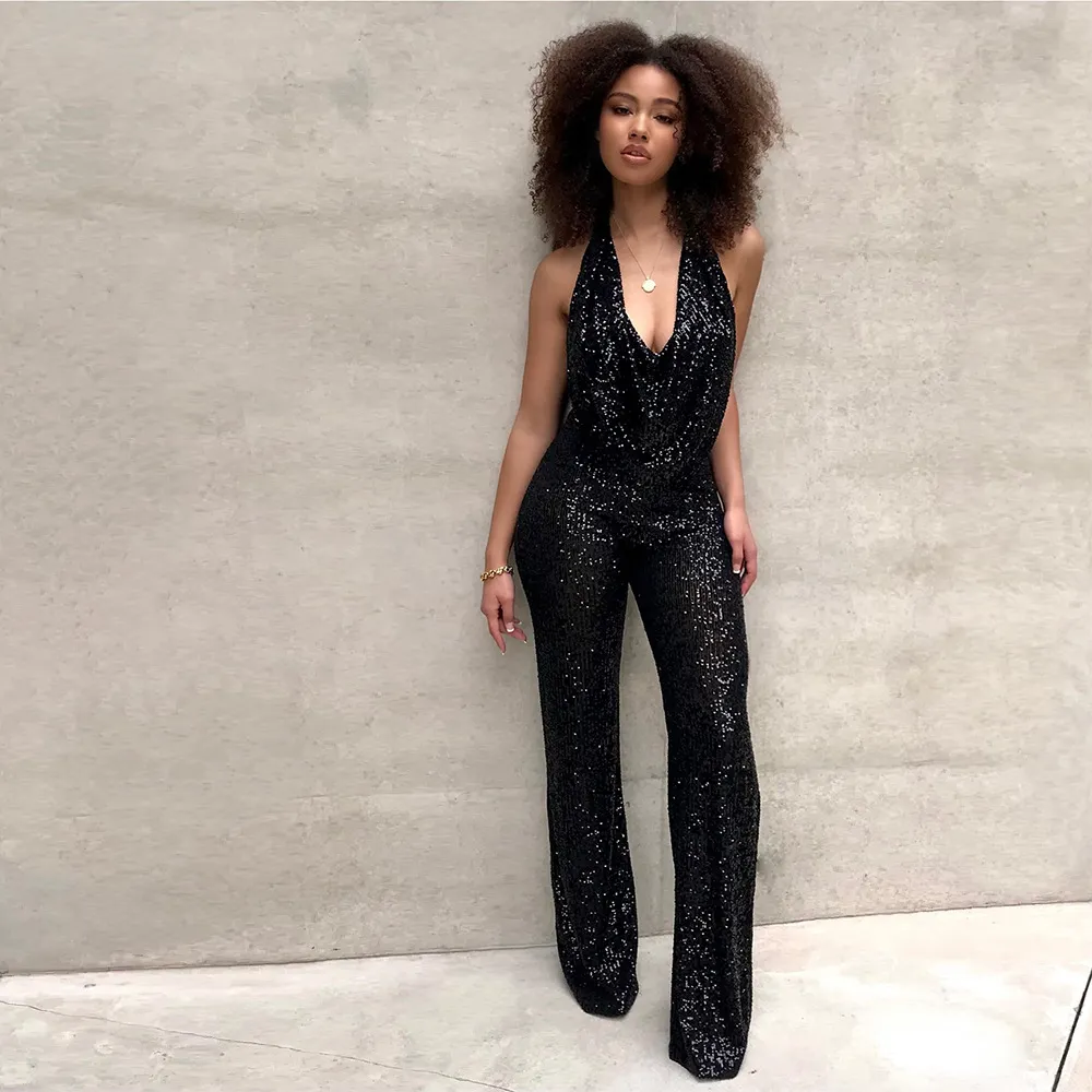 Women Sequin Backless Jumpsuit Sleeveless Long Polyester Spandex Commuter Style