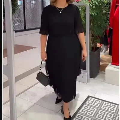 Fashion Summer Plus Size Women Solid Color Round Neck Midi Pleated Dress