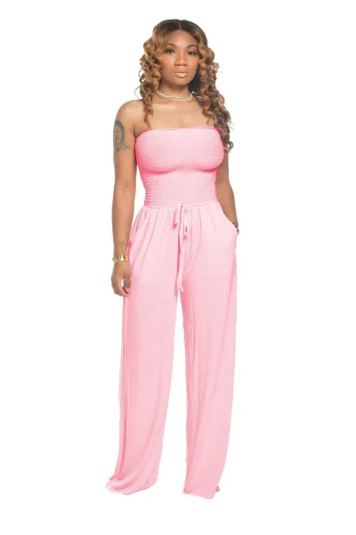 Women Solid Color Strapless Wide Leg Jumpsuits