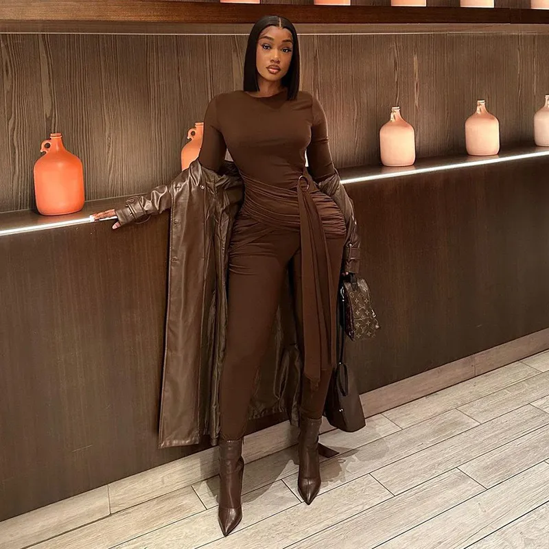 Women Fashion Round Neck Solid Color Long Sleeve Jumpsuit
