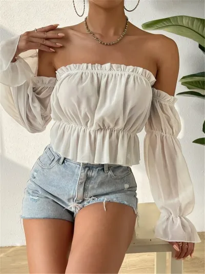 Women Summer Sexy Perspective Ruffled Pleated Chiffon Blouse