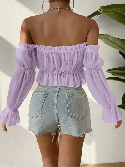 Women Summer Sexy Perspective Ruffled Pleated Chiffon Blouse