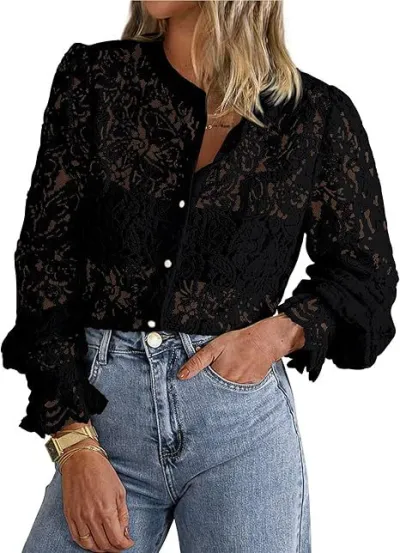 Women Casual Lace Blouse Long Sleeve Button Solid Color Cardigan