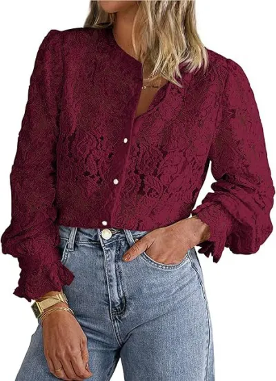 Women Casual Lace Blouse Long Sleeve Button Solid Color Cardigan