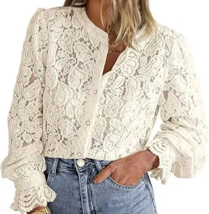 Women Casual Lace Blouse Long Sleeve Button Solid Color Cardigan