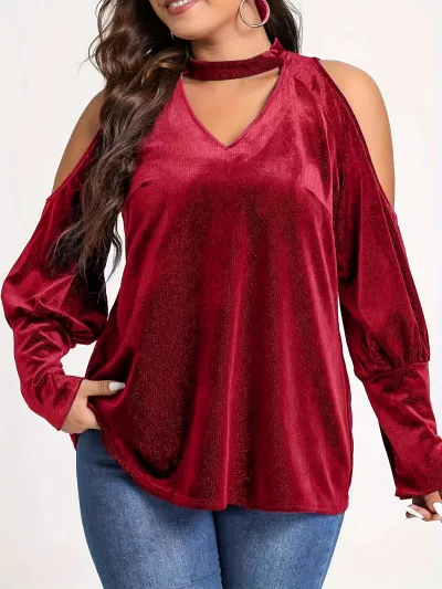 Women's V-Neck Loose Long Sleeve Sequin Blouse Plus Size