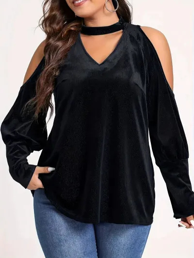 Women's V-Neck Loose Long Sleeve Sequin Blouse Plus Size