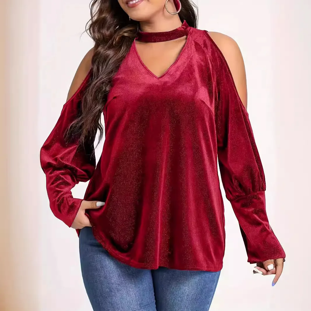 Women's V-Neck Loose Long Sleeve Sequin Blouse Plus Size