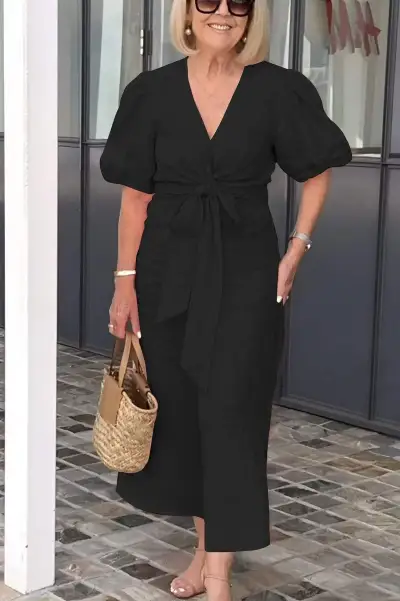 Women Summer Solid Color Lace Up Bubble Sleeve Polyester Plus Size Dress