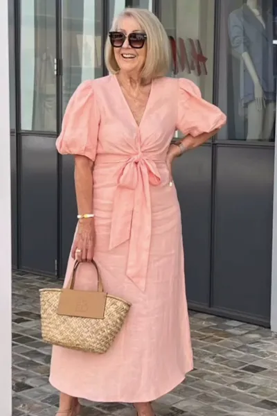 Women Summer Solid Color Lace Up Bubble Sleeve Polyester Plus Size Dress