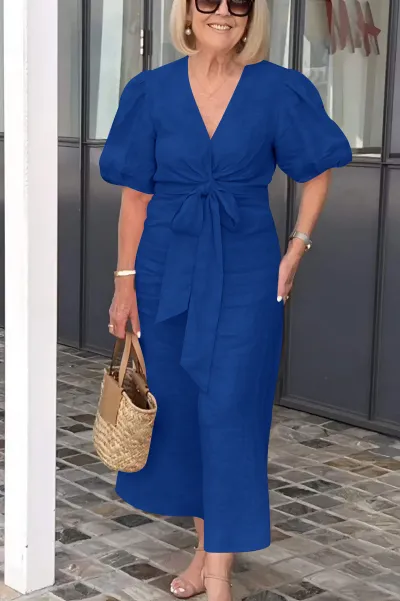 Women Summer Solid Color Lace Up Bubble Sleeve Polyester Plus Size Dress