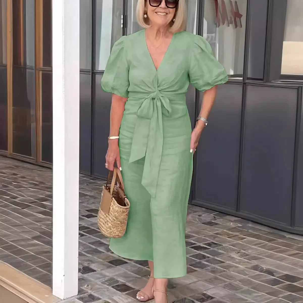 Women Summer Solid Color Lace Up Bubble Sleeve Polyester Plus Size Dress