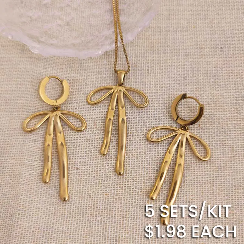 Women Cute Exaggerated Bow Stainless Steel Pendant Necklace Earrings Set