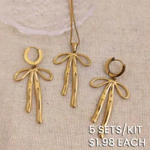Women Cute Exaggerated Bow Stainless Steel Pendant Necklace Earrings Set
