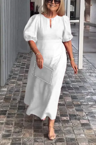 Plus Size Women Summer Casual Crewneck Puff Sleeve Maxi Dress
