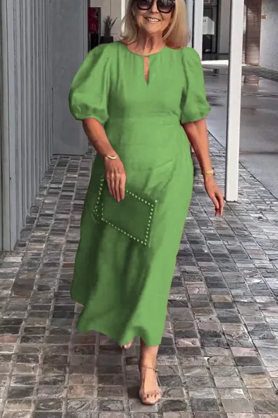 Plus Size Women Summer Casual Crewneck Puff Sleeve Maxi Dress