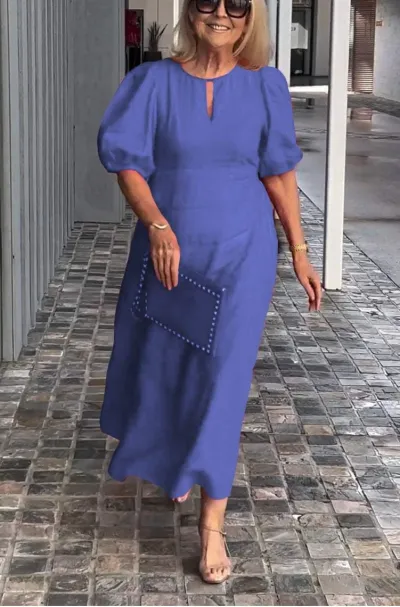 Plus Size Women Summer Casual Crewneck Puff Sleeve Maxi Dress