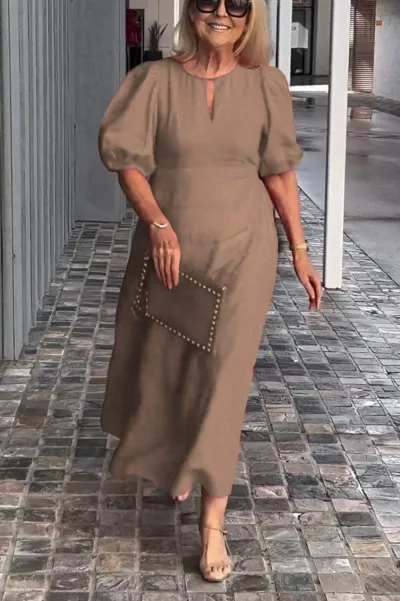 Plus Size Women Summer Casual Crewneck Puff Sleeve Maxi Dress