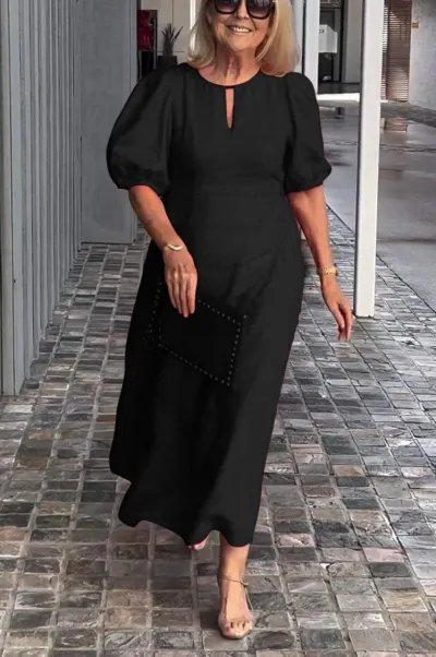 Plus Size Women Summer Casual Crewneck Puff Sleeve Maxi Dress