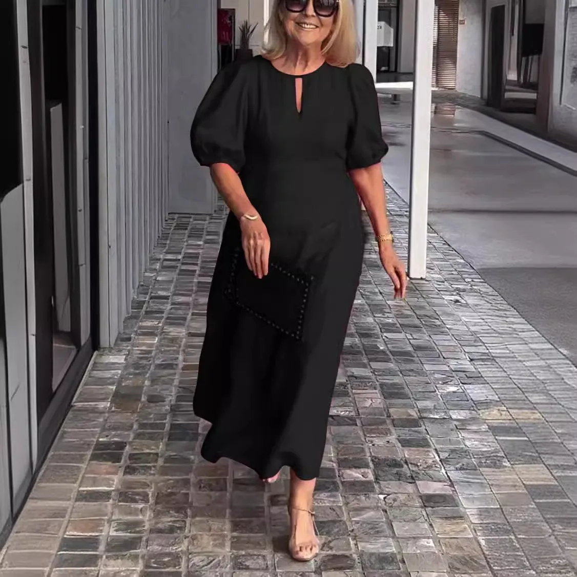 Plus Size Women Summer Casual Crewneck Puff Sleeve Maxi Dress