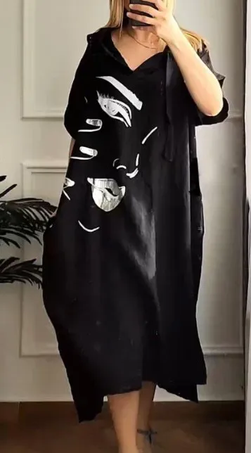 Women Simple Solid Color Smiley Face Printing Loose Plus Size Dress