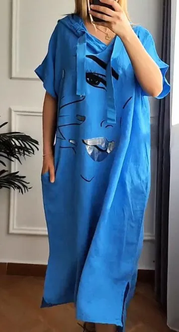 Women Simple Solid Color Smiley Face Printing Loose Plus Size Dress