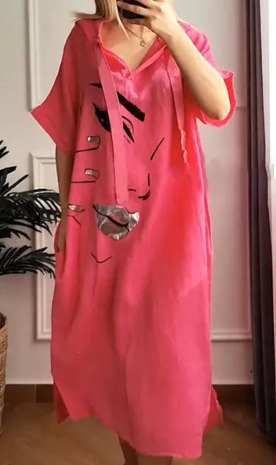 Women Simple Solid Color Smiley Face Printing Loose Plus Size Dress