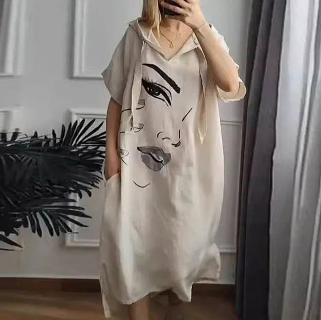 Women Simple Solid Color Smiley Face Printing Loose Plus Size Dress