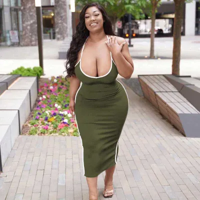 Women Sexy Plus Size Solid Color Strap Split Tight Dress