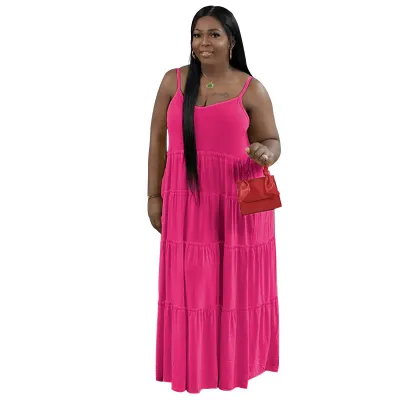 Women Plus Size Sexy Sling Pleated Dress Summer Solid Color