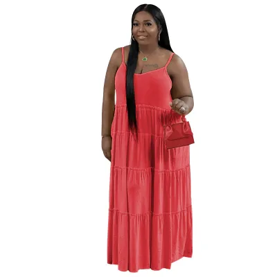 Women Plus Size Sexy Sling Pleated Dress Summer Solid Color